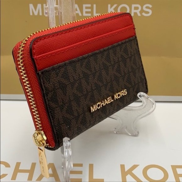 Michael Kors Jet Set Travel Medium ZA Card Case Wallet Flame